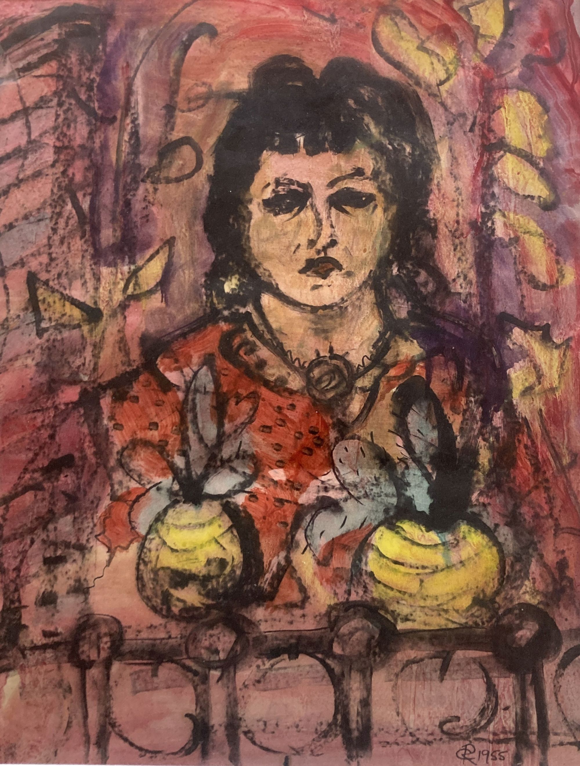 Modern British, mixed media, Portrait of a lady at a window, monogrammed C.R. and dated 1955, 42 x 33cm